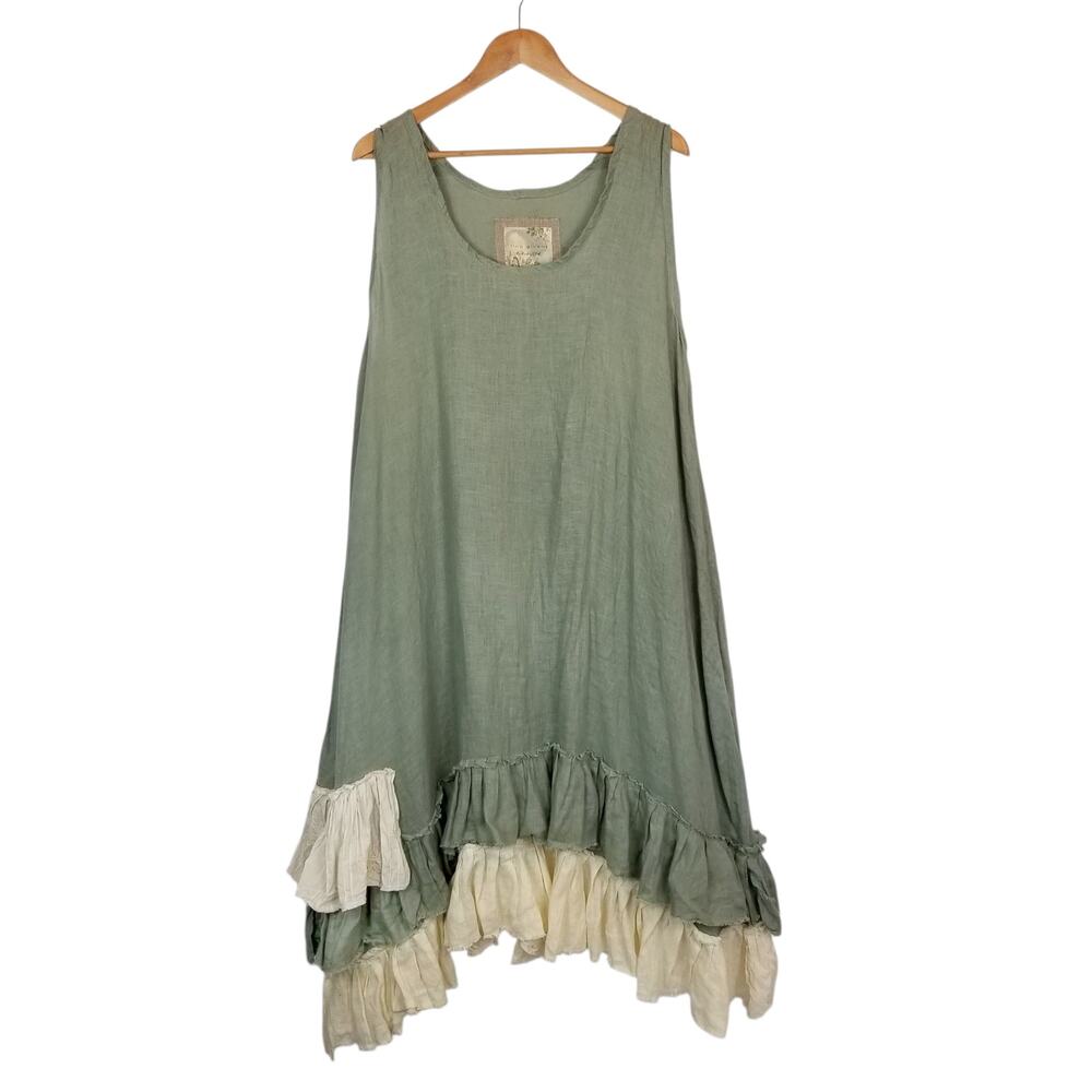 Tina Givens Women's Lagenlook 100% Linen Sleeveless Maxi Dress Green Ivory XL